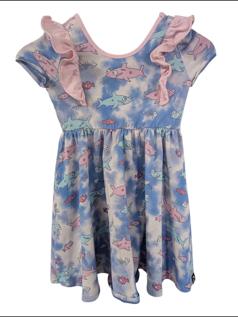 Rags To Raches Pastel Shark Print Ruffle Sleeve Dress - Pink & Blue